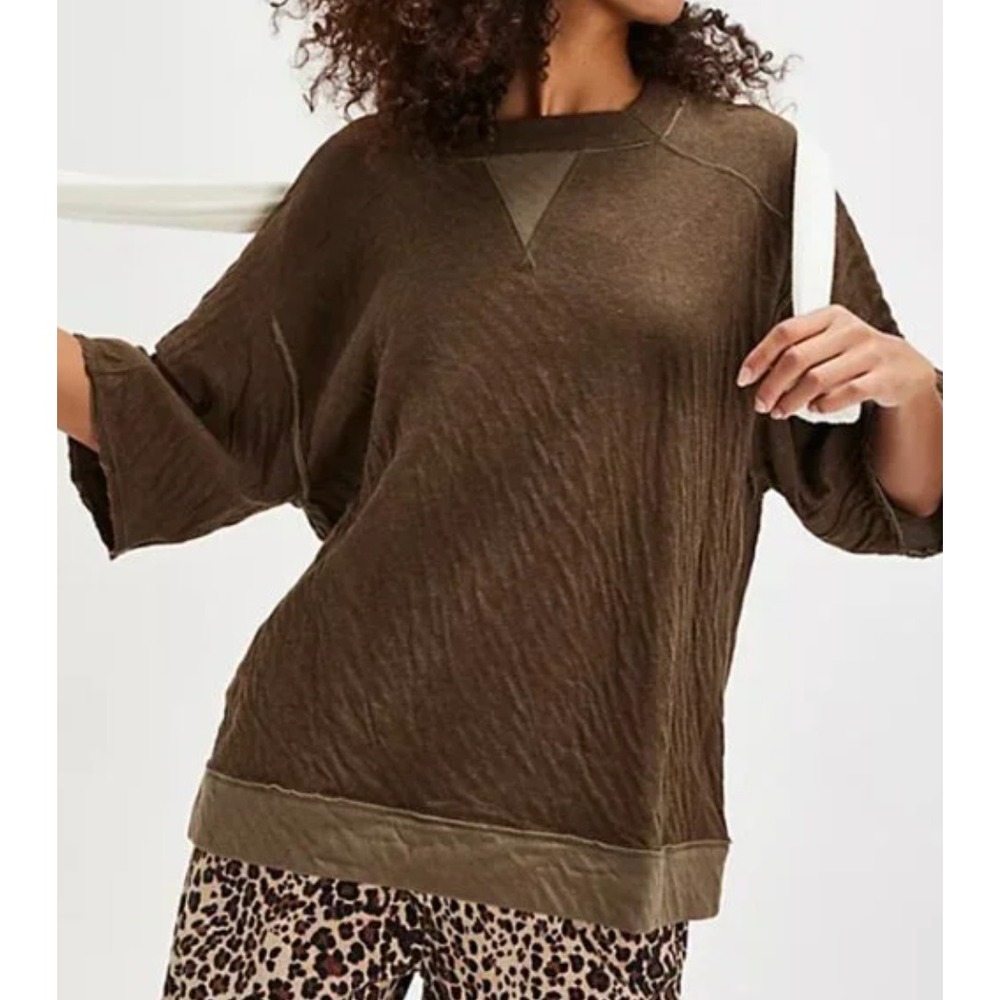 Free People Wait A Minute Sleep Tee Brown Tunic Top Oversized Knit Sweater Small